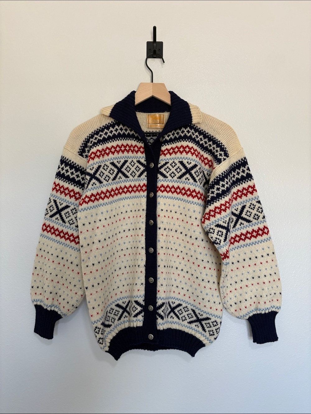 Vintage Figgjo Norwegian Fair Isle Button-Up Cardigan Knit Sweater Cream Nordic